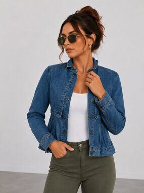 Medium Wash Peplum Denim Cape Jacket Retro Jean Jacket 100% Cotton NWT Size XS